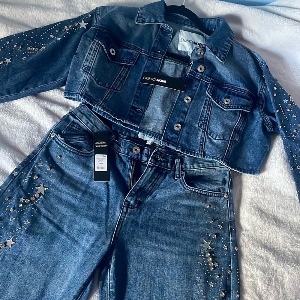 denim and diamond set jeans and jean jacket